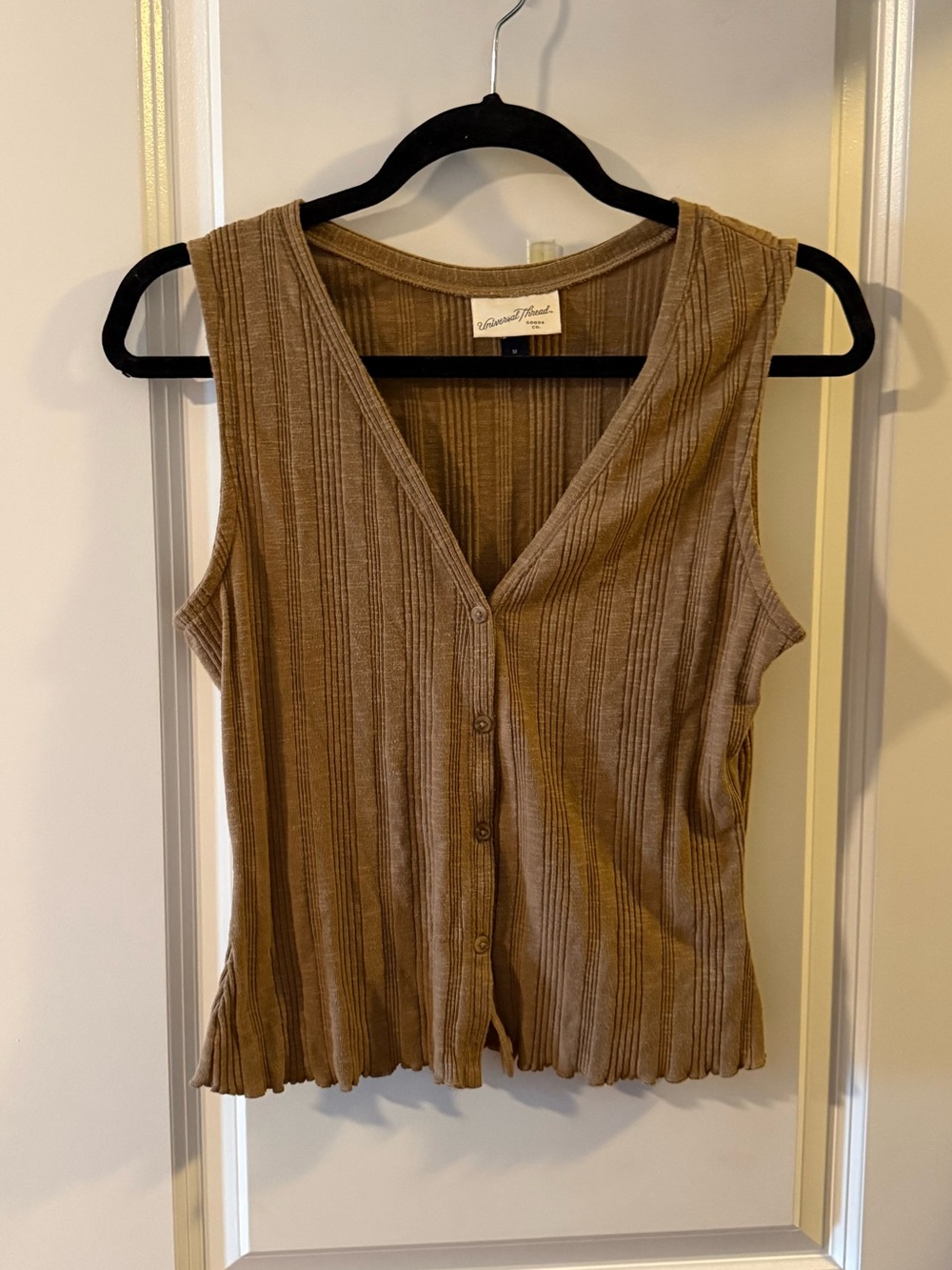 Universal Thread Ribbed Button-Front Tank in Camel Brown